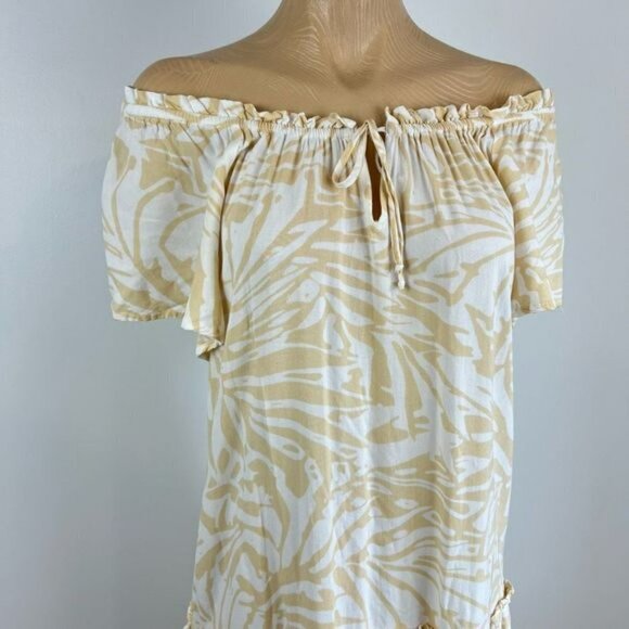 Patrons Of Peace Dress Size M Maxi Ruffle Tier Tie Neck Off Shoulder Tan White - Picture 9 of 13